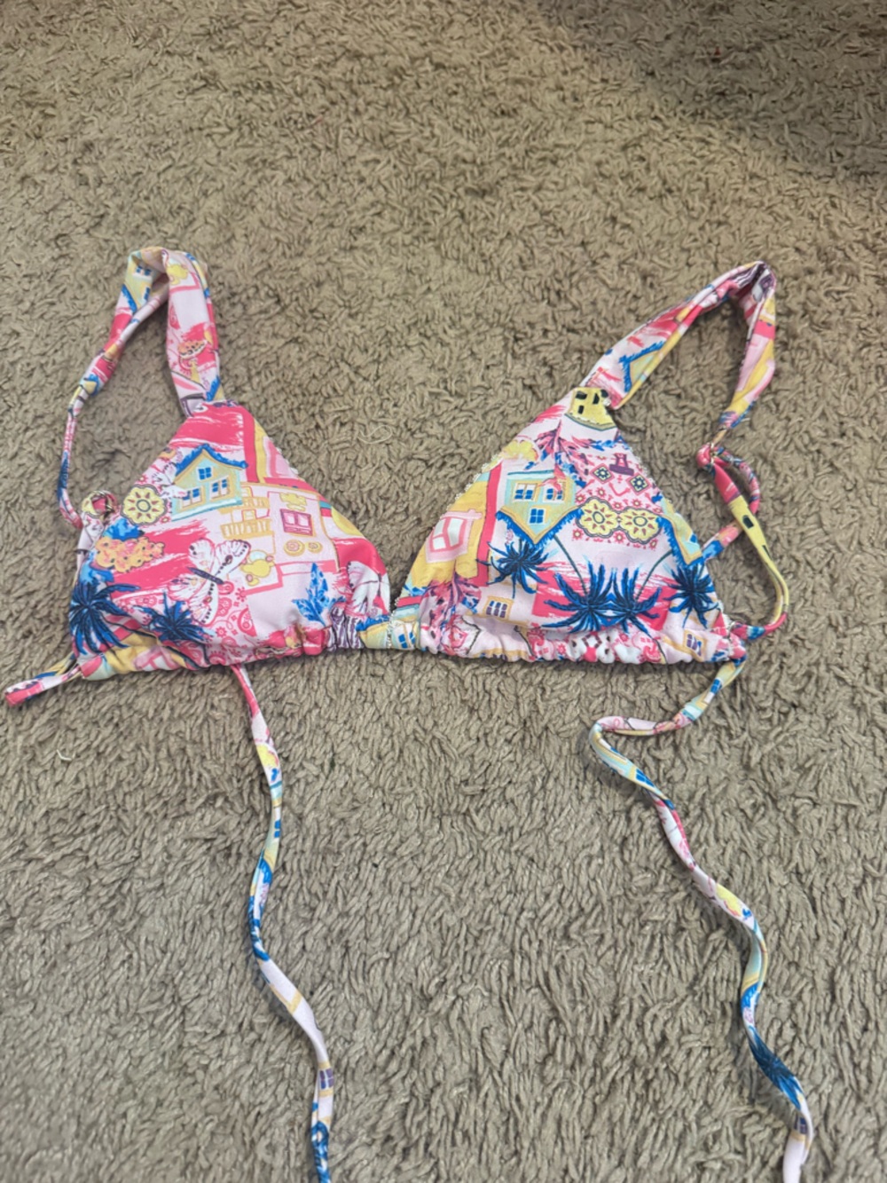 SHEIN Pink Yellow Blue Printed Triangle Bikini Top